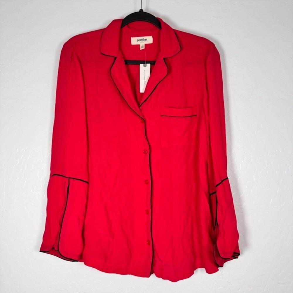 NWT Porridge Small Top Red Long Sleeve Bell Sleeve Black Piping Anthropologie